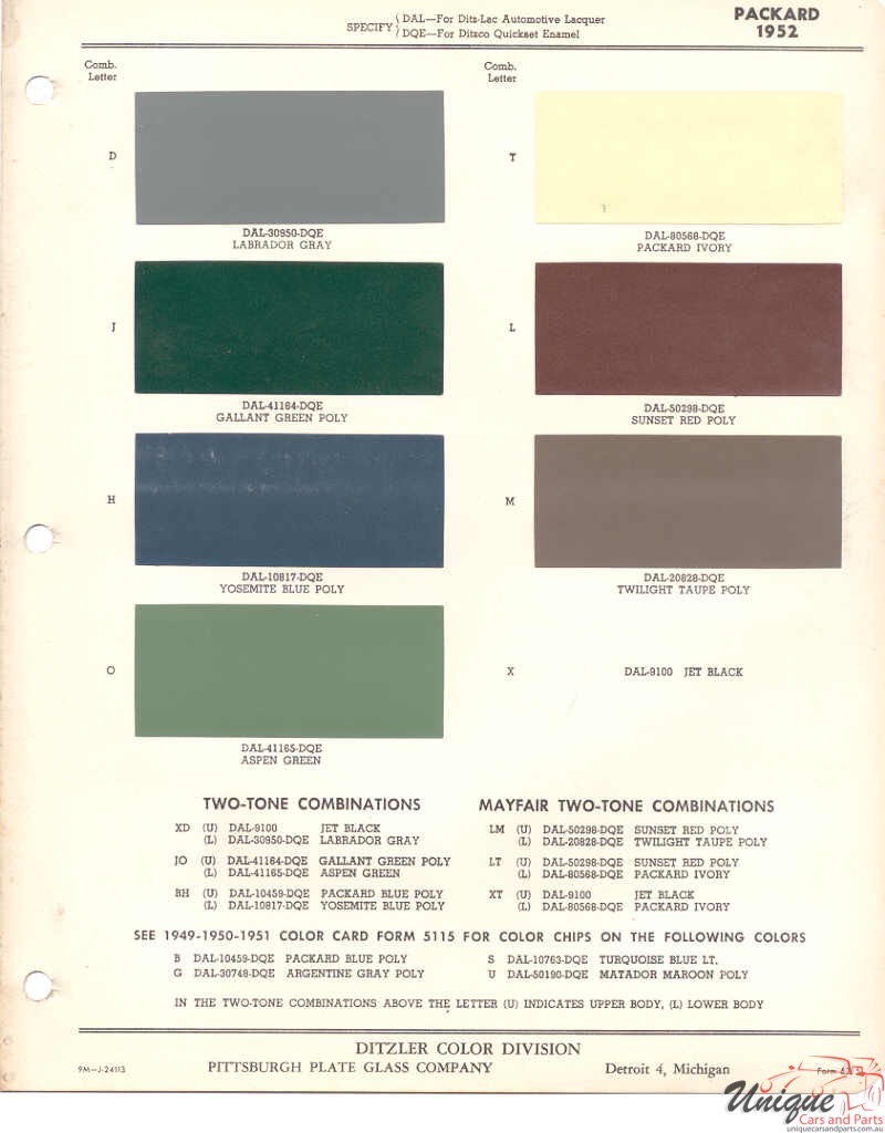 1952 Packard Paint Charts PPG 1